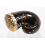 Scottish 19th century horn snuff mull decorated with a white metal thistle and plain cartouche to
