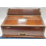 Victorian teak campaign writing slope with twin handles, brass banding and inlay, single drawer to