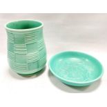 Susie Cooper green glazed studio pottery vase of tapered cylindrical form with basket-weave effect