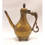 Antique Mughal cast bronze covered ewer, the pear-shaped body on pedestal base with four peg feet,
