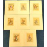 Set of eight 20th century Chinese hand-coloured prints on linen depicting Chinese characters etc.,