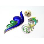 Norwegian silver spray brooch with blue and green enamel by David Andersen, another, modelled as a