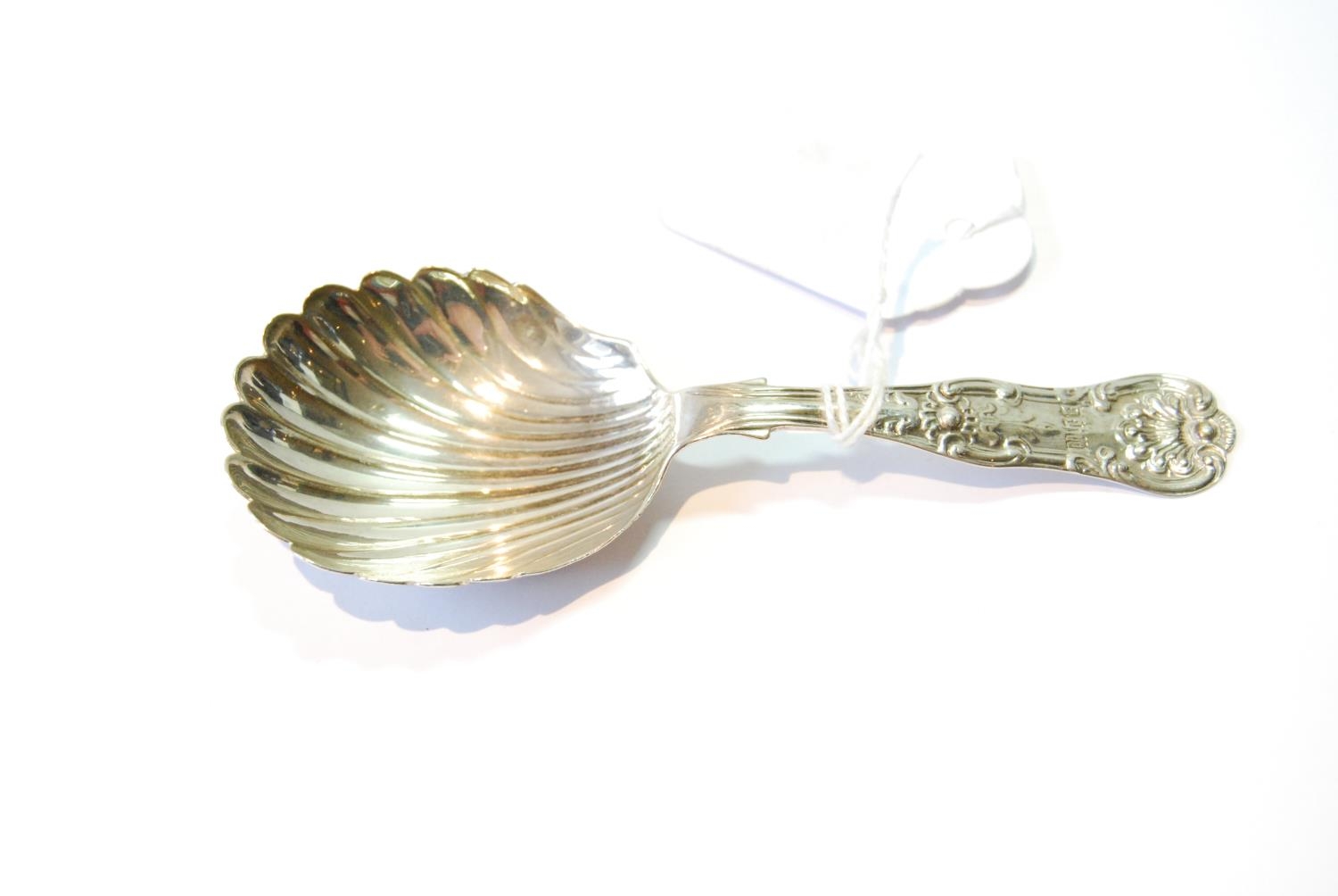 Silver large caddy spoon of King's pattern with scallop bowl, by John Muir Jr., Glasgow 1848.