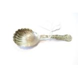 Silver large caddy spoon of King's pattern with scallop bowl, by John Muir Jr., Glasgow 1848.