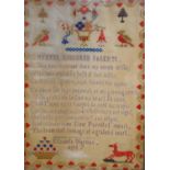 19th century sampler worked by Elizabeth Warman, aged 7, 43cm x 31cm, in an ebonised frame.