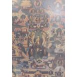 Eastern thangka depicting a central figure of Buddha on a lotus throne surrounded by smaller deities