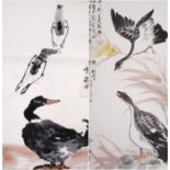 20th century Chinese scroll painting of two geese with calligraphic inscription, three-character