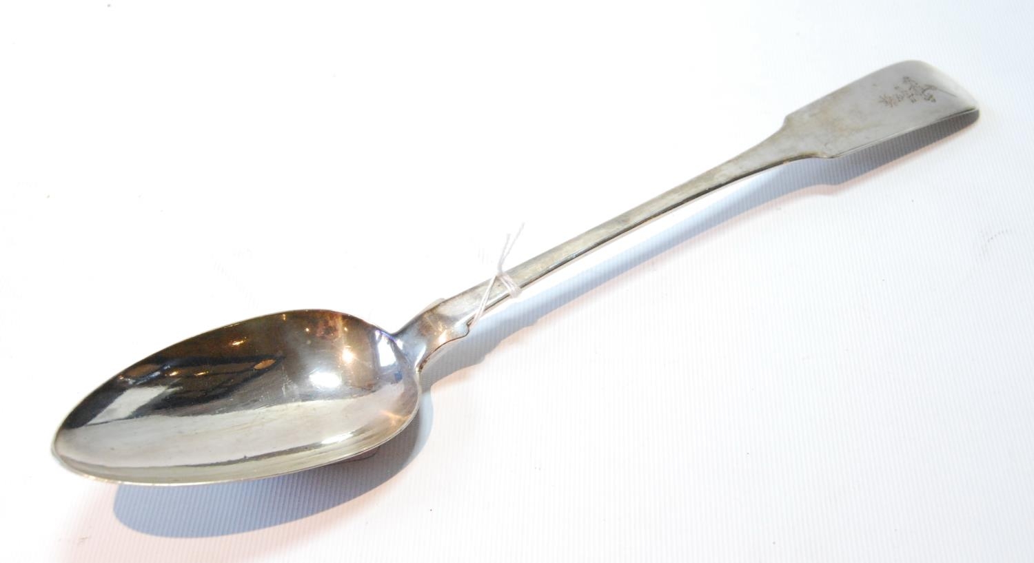 Greenock: silver serving spoon of fiddle pattern, crested, by J Summers, c. 1840, 92g or 9oz.