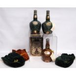Three bottles of Royal Salute 21 year old blended Scotch whisky, in Spode emerald and brown-coloured