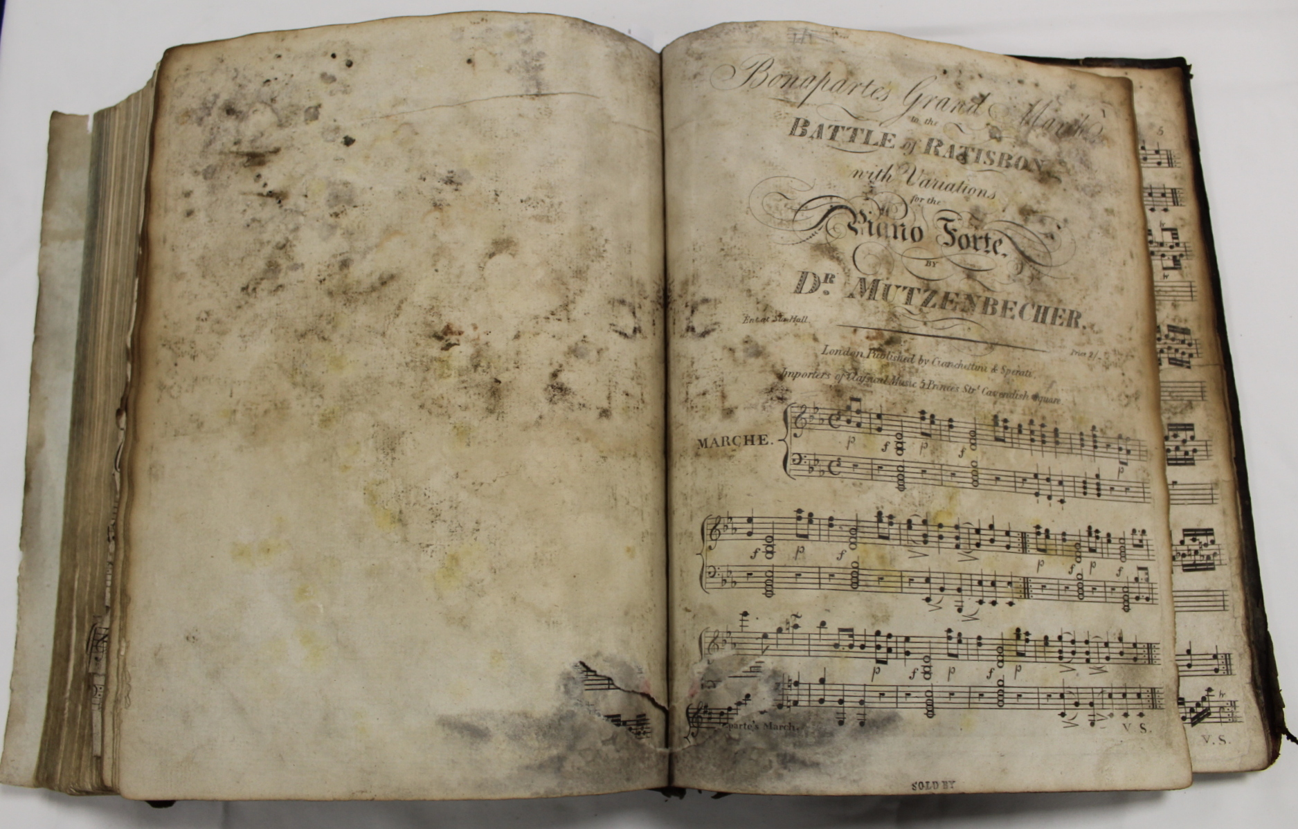 Music.  A well worn & damp stained quarto vol. of music scores, late 18th/early 19th cent., some - Image 28 of 65