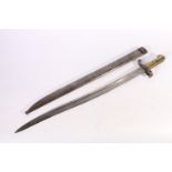 French 1866 pattern sword bayonet with spine unmarked, blade length 57cm, bayonet length 70cm,