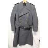 British Royal Air Force uniform, a blue greatcoat long jacket having brass buttons, triple band