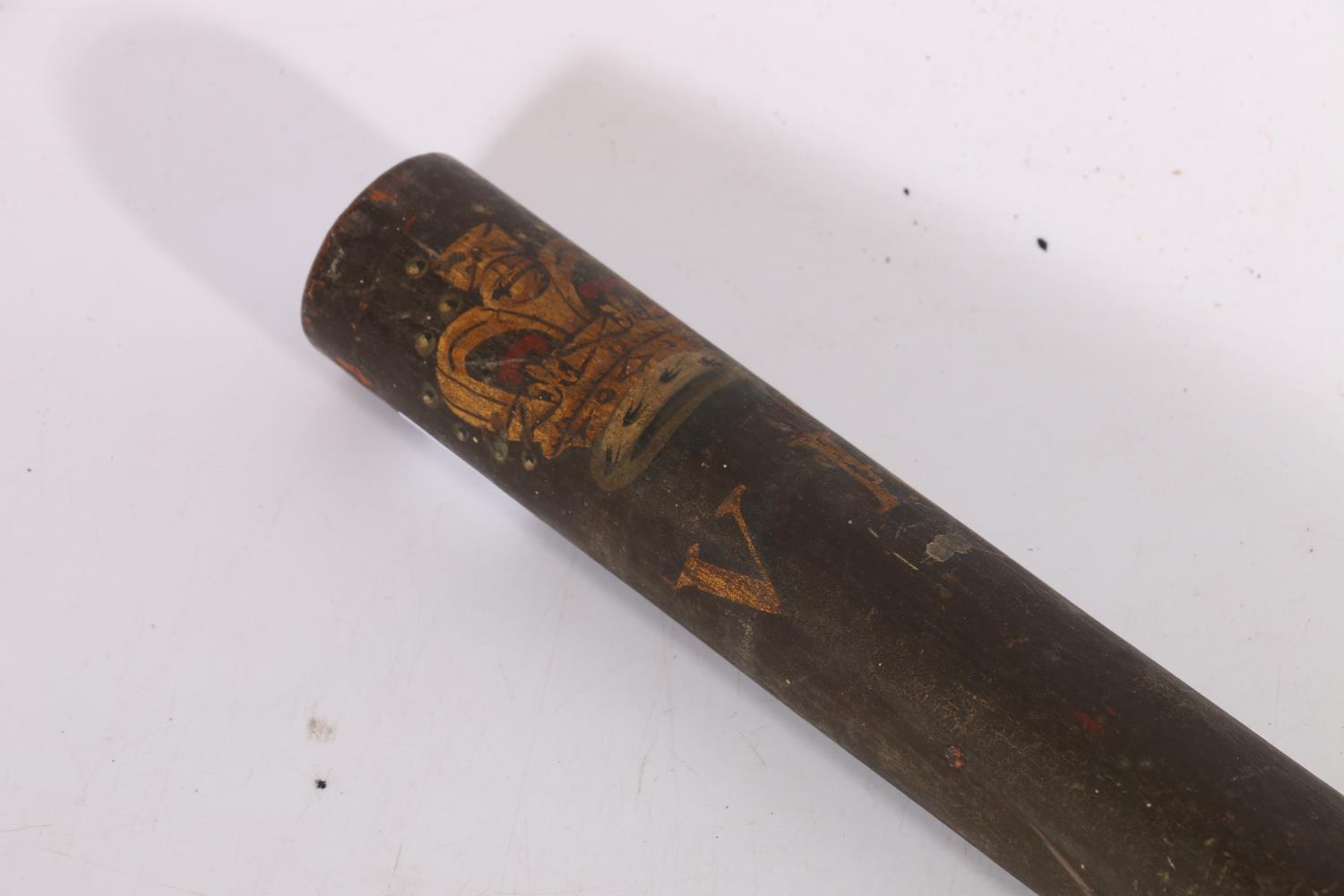 Victorian long stave police truncheon with painted crowned VR cypher, 73cm long. - Image 2 of 3