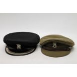 Two Fife Light Horse peaked caps, both with white metal Thane of Fife badges, the khaki green