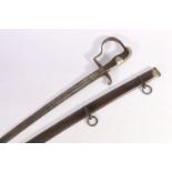 WWI era German cavalry sword, the curving blade etched with designs of trophies, having D langets,