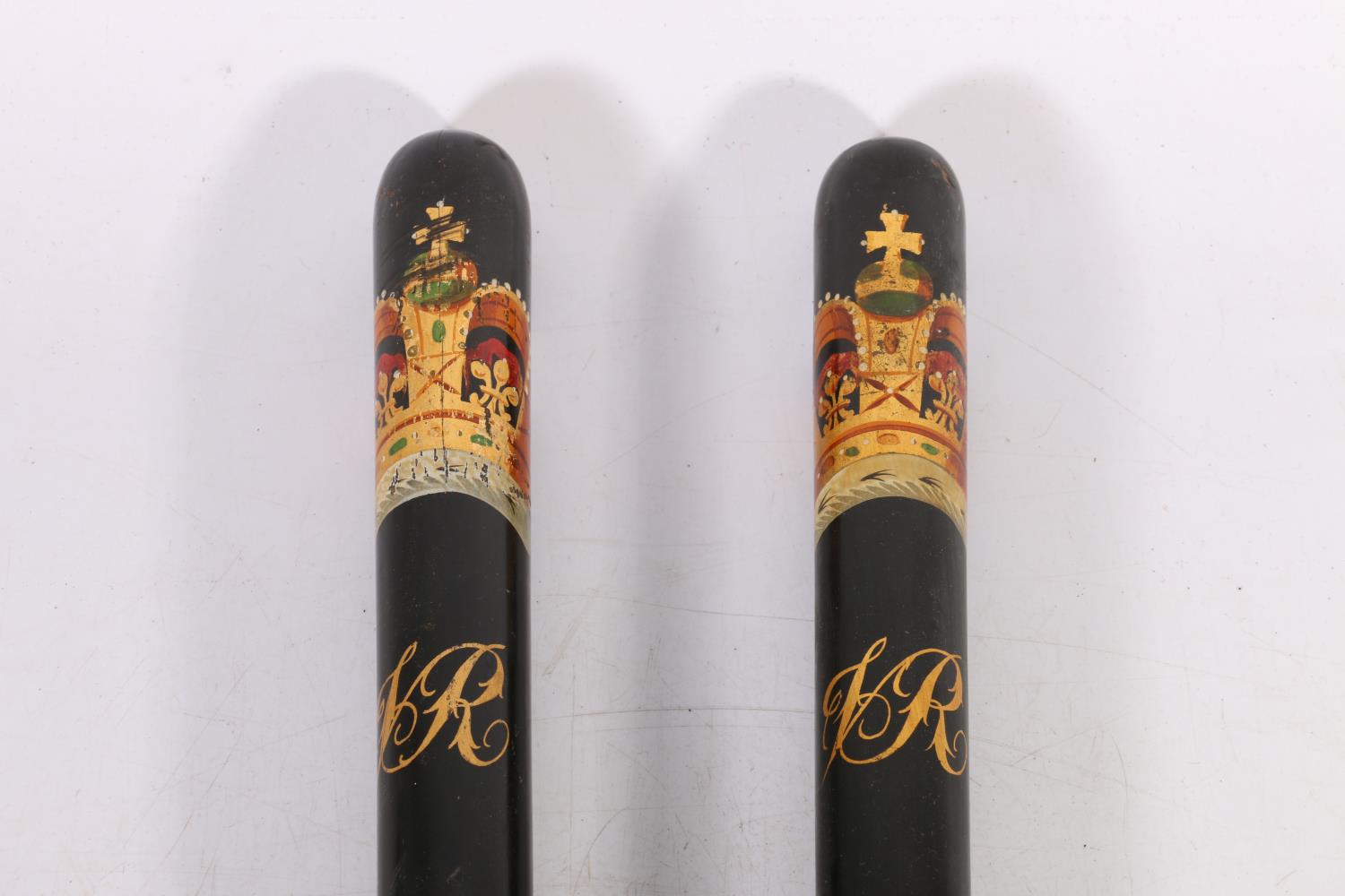 Two Victorian Scottish police truncheons, the black body with painted crowned VR cypher above the - Image 2 of 3