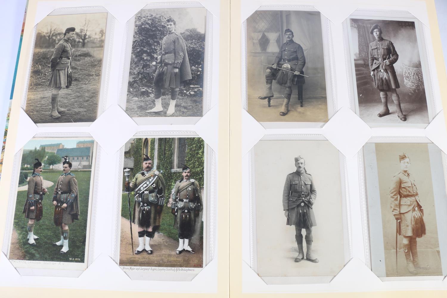 An album of postcards titled "Military Miscellany" containing around 55 postcards including Scottish