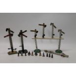 Hornby O gauge model railways signal gantry, a double signal, a German made double signal and
