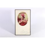 Photographic print of the Queen Mother wearing pink dress with pearl necklace, signed "from