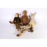 Farnell's Alpha Toys monkey, a Nora Wellings style monkey, another and a straw filled rabbit soft