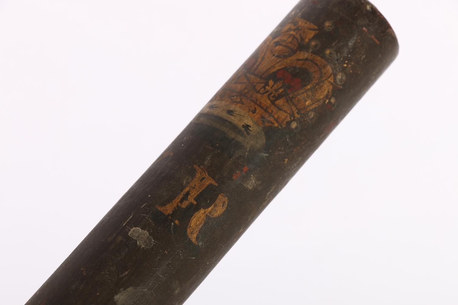 Victorian long stave police truncheon with painted crowned VR cypher, 73cm long. - Image 3 of 3