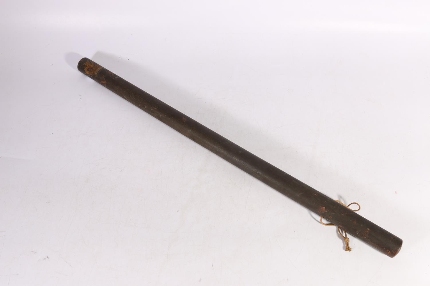 Victorian long stave police truncheon with painted crowned VR cypher, 73cm long.