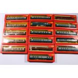16 Triang Hornby OO gauge model railway rolling stock including: two R727 composite coaches; four