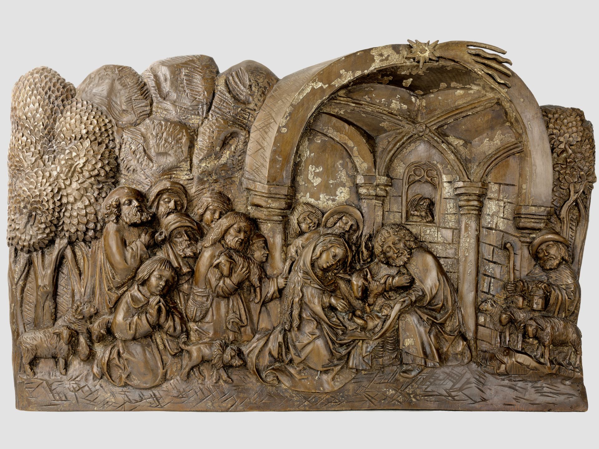 Anbetung des Kindes, Tirol um 1510, Lindenholz-Relief