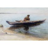 Russischer Künstler, Fischer auf seinem Boot, Gemälde
