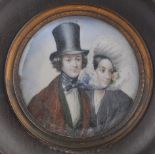 Aquarellminiatur, Elegantes Paar, 19. Jahrhundert