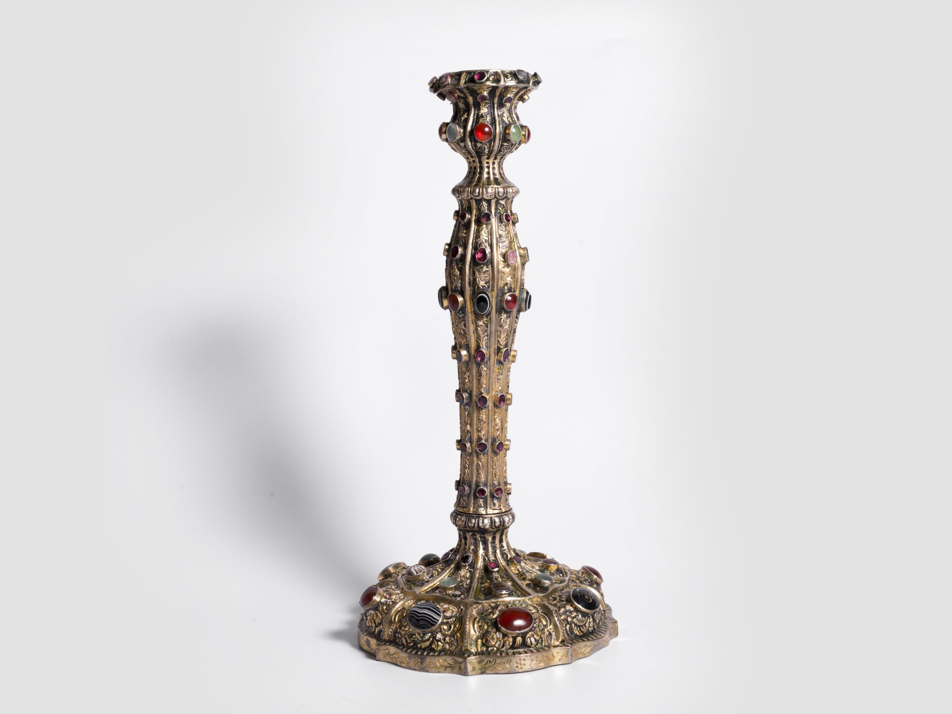 Transylvanian silver candlestick, Biedermeier around 1840, Set with gemstones