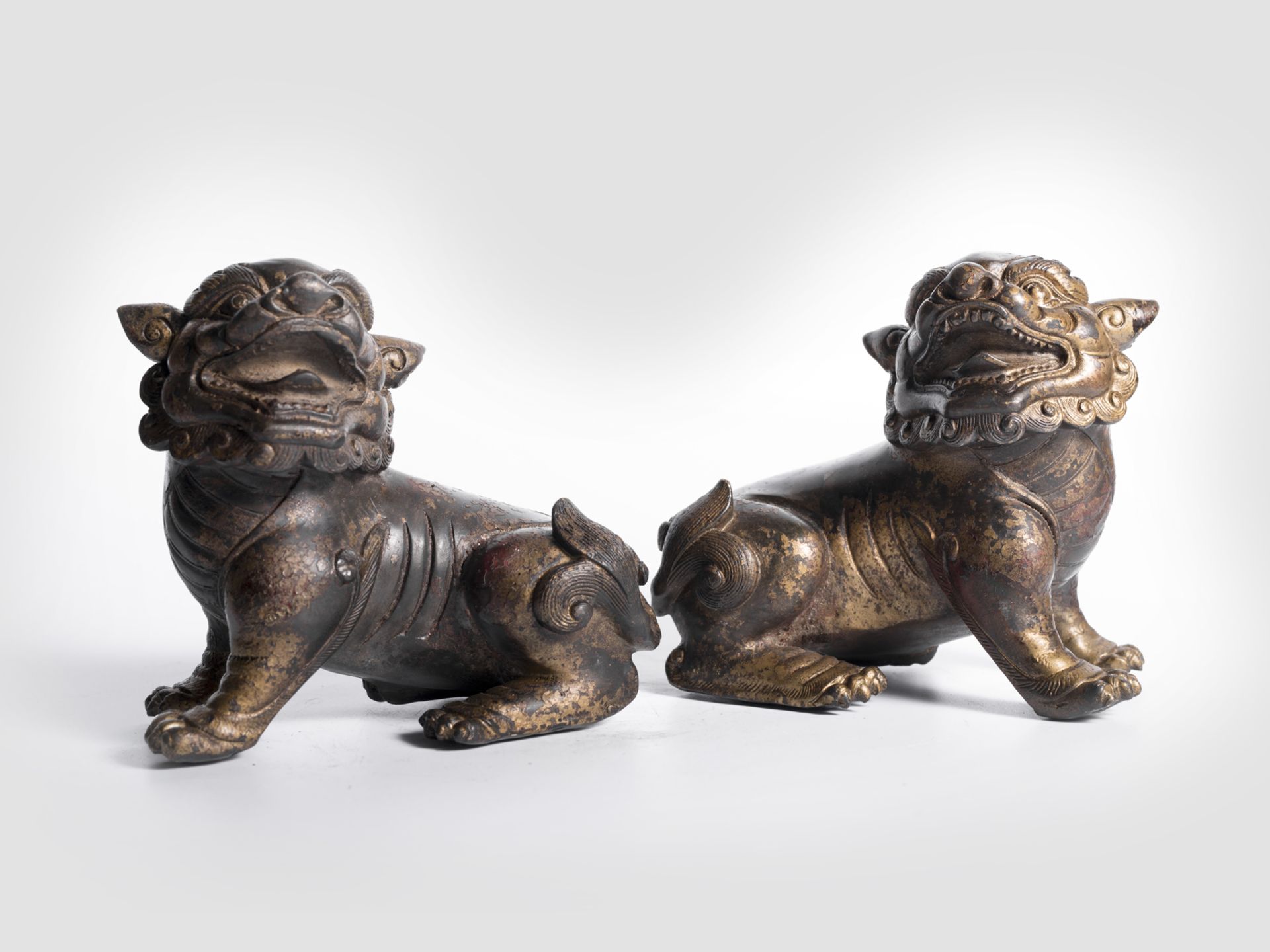 Pair of gilt bronze lions, China, Ming Dynasty, 1368 -1644 - Image 3 of 6