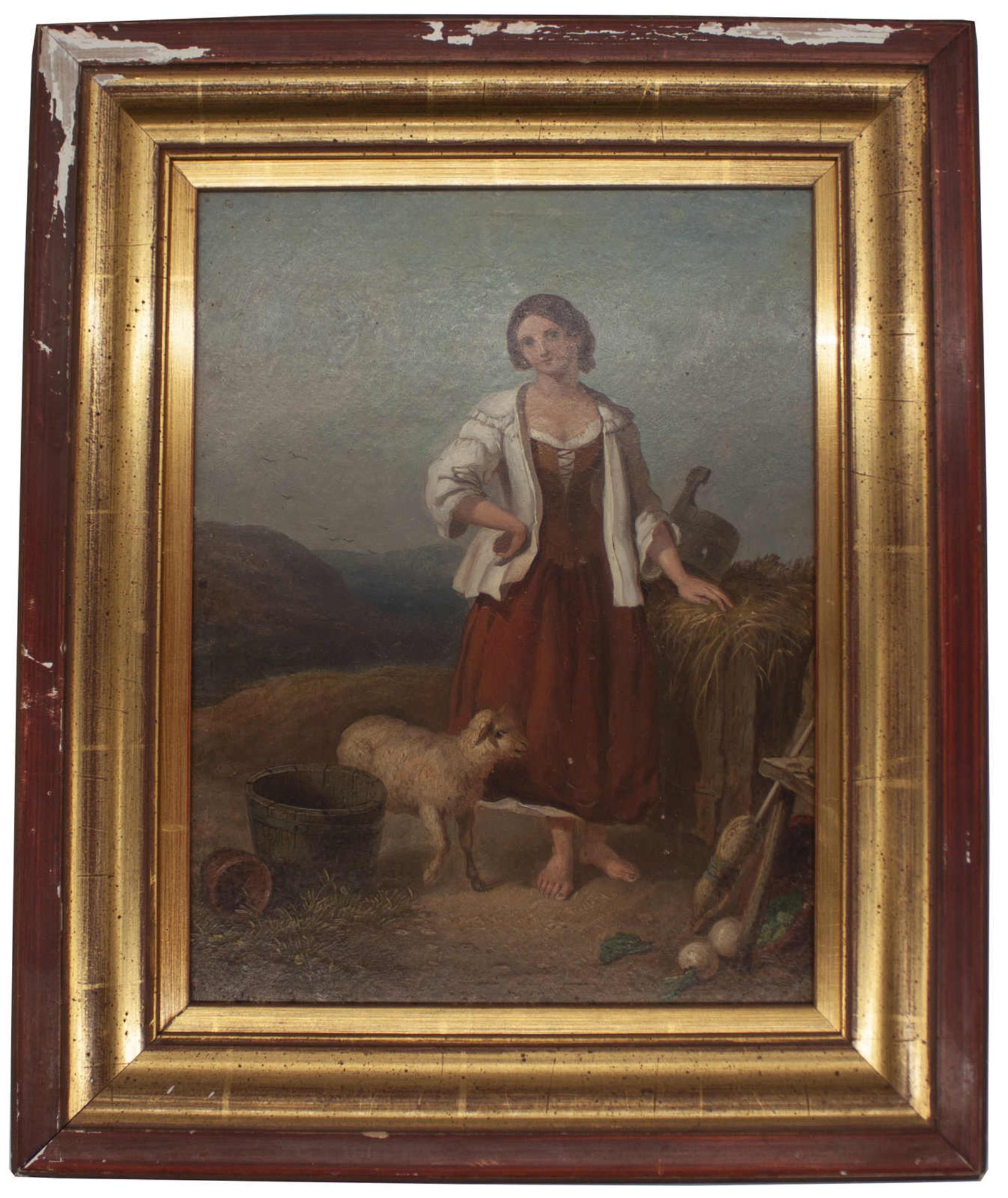 Romantische Szene mit junger Frau und Lamm. Anonymist. Öl auf Leinwand, Datierung um 1850, - Image 2 of 2