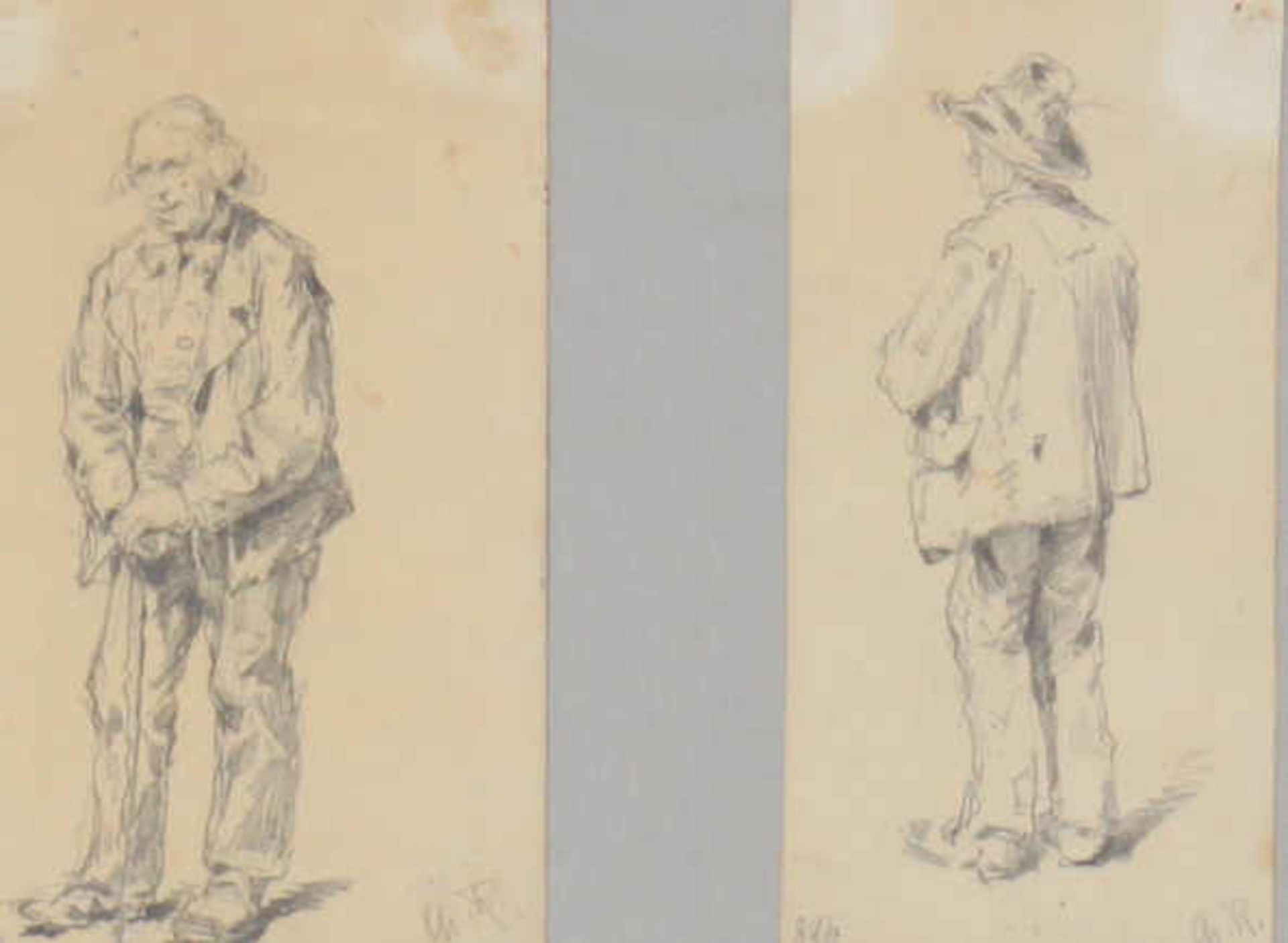 Tippelbruder/Clochard. 2 Graphitarbeiten auf Papier, Datierung um 1890, unten links nummeriert,