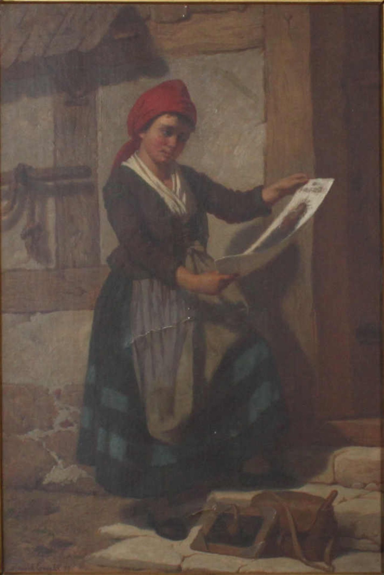 Junge Bäuerin mit Zeitung. Arnold Ferdinand Ewald (1815 Berlin - 24.07.1884 Berlin). Öl auf