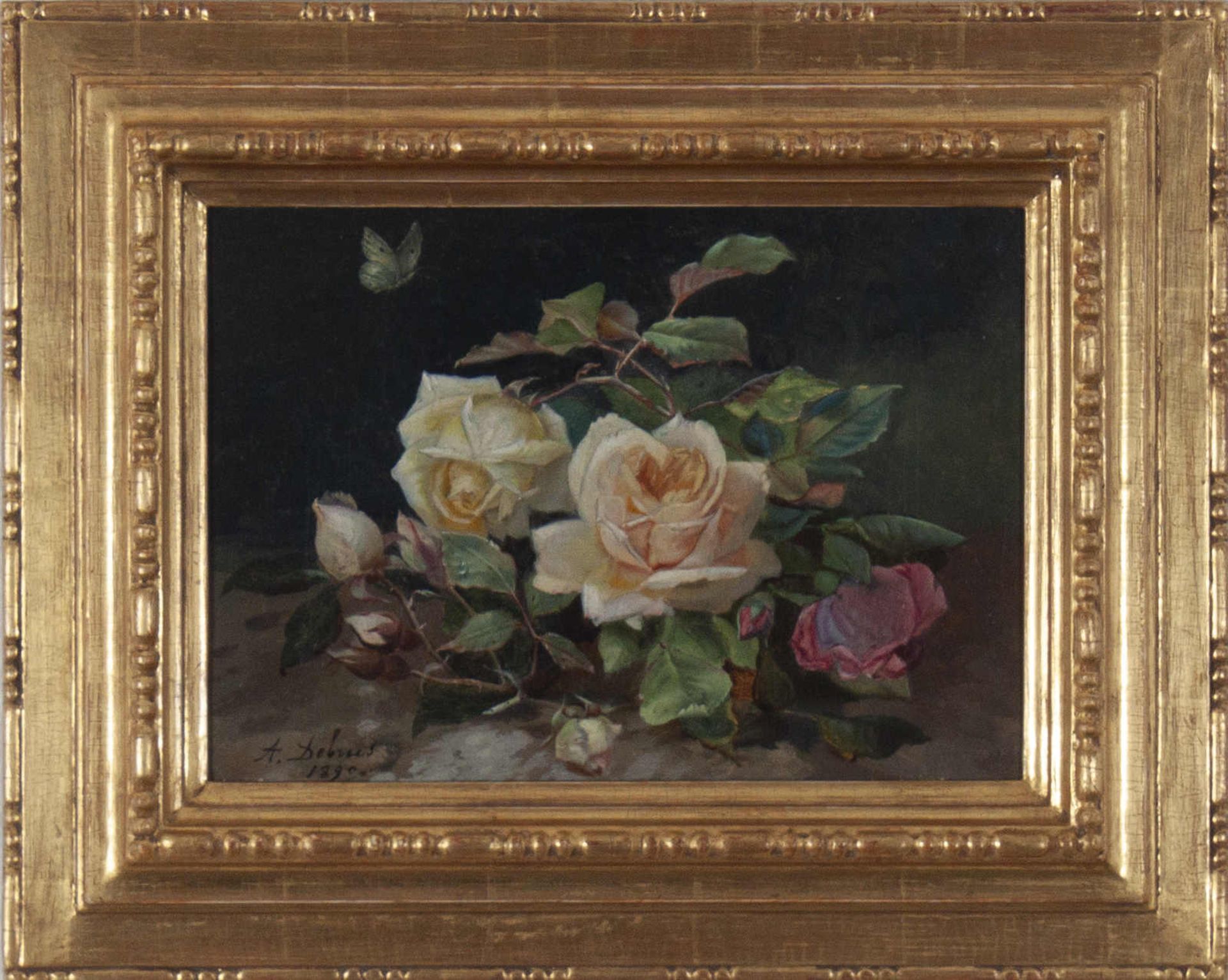 Stillleben, Rosen mit Schmetterling. A. Debus (Künstler des 19./20. Jahrhundert, Frankreich). Öl auf - Image 2 of 4