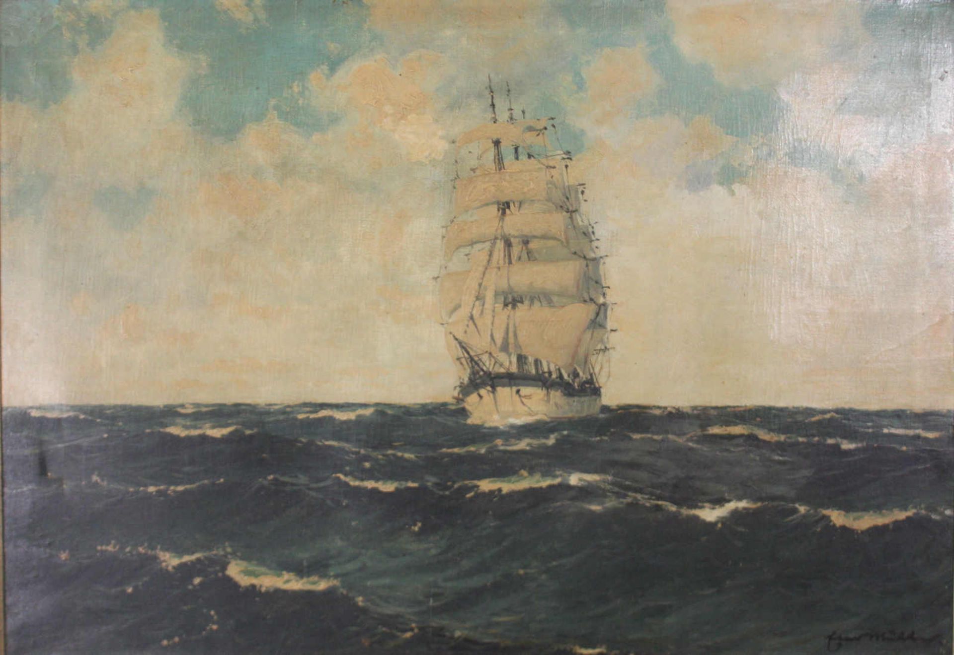 Segelboot auf hoher See. Öl auf Leinwand, unten rechts ungedeutet signiert, Datierung um 1900,
