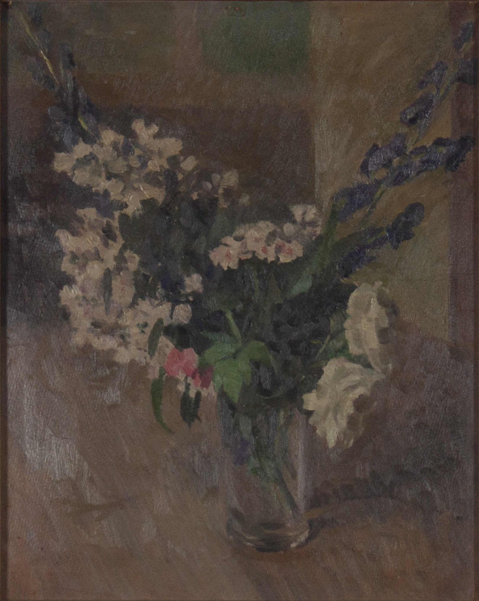 Sommerblumen in Vase. Öl auf Pappe, Datierung um 1940/50, unsigniert, original gerahmt,