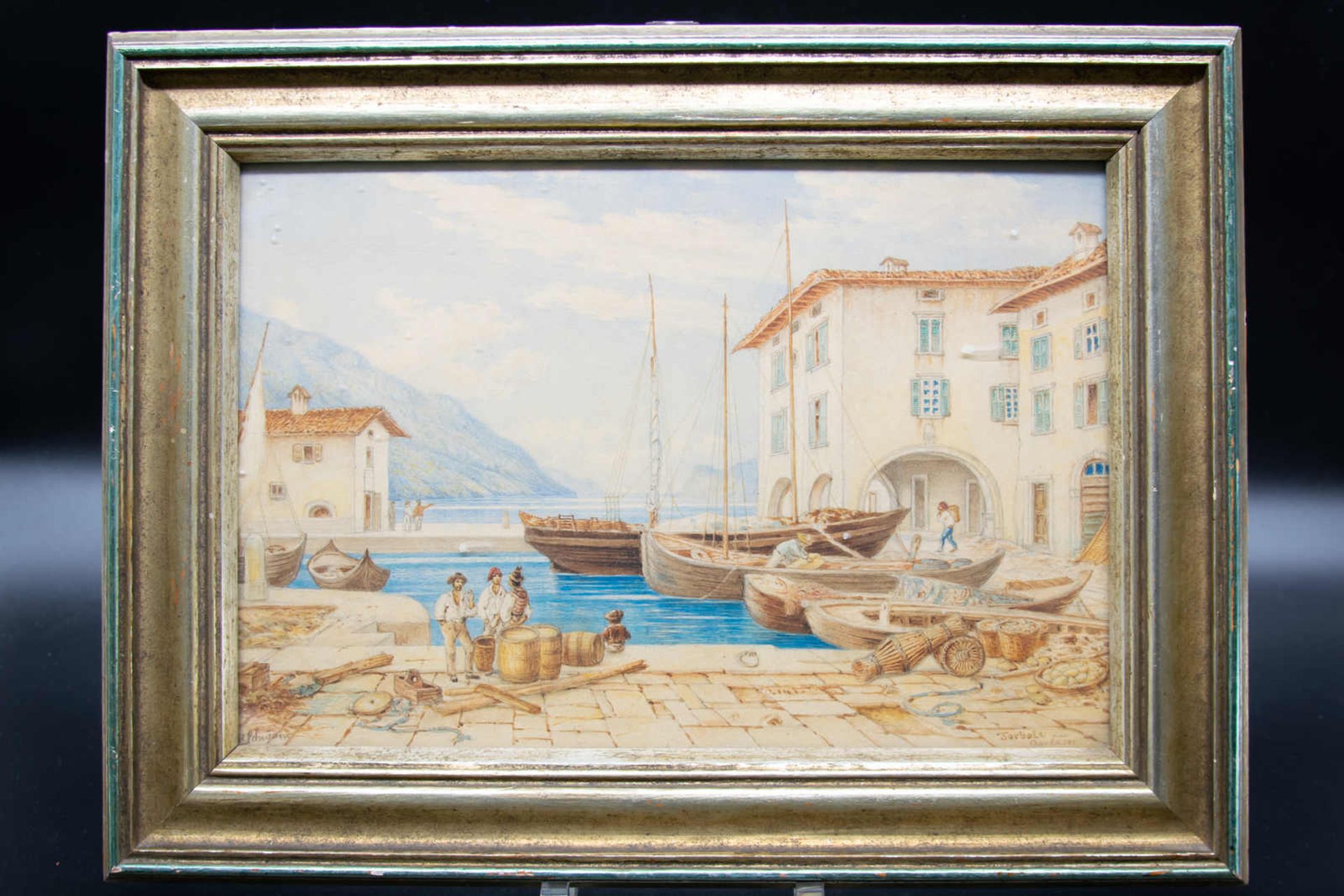 Im Hafen von Torbole am Gardasee. Hermann Oskar Schwan (1834 - Deutschland/Schweiz). Aquarell/