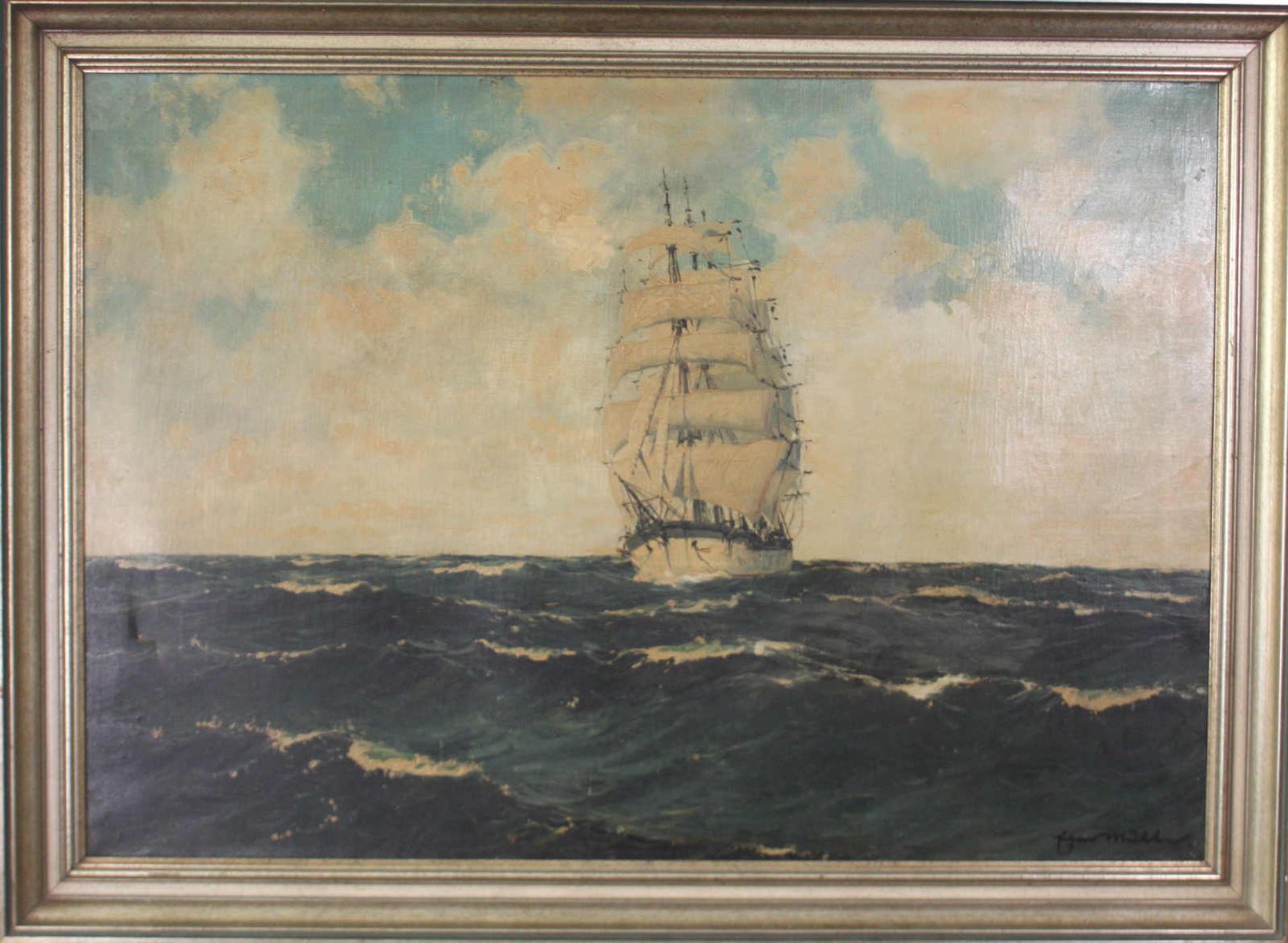 Segelboot auf hoher See. Öl auf Leinwand, unten rechts ungedeutet signiert, Datierung um 1900, - Image 2 of 4