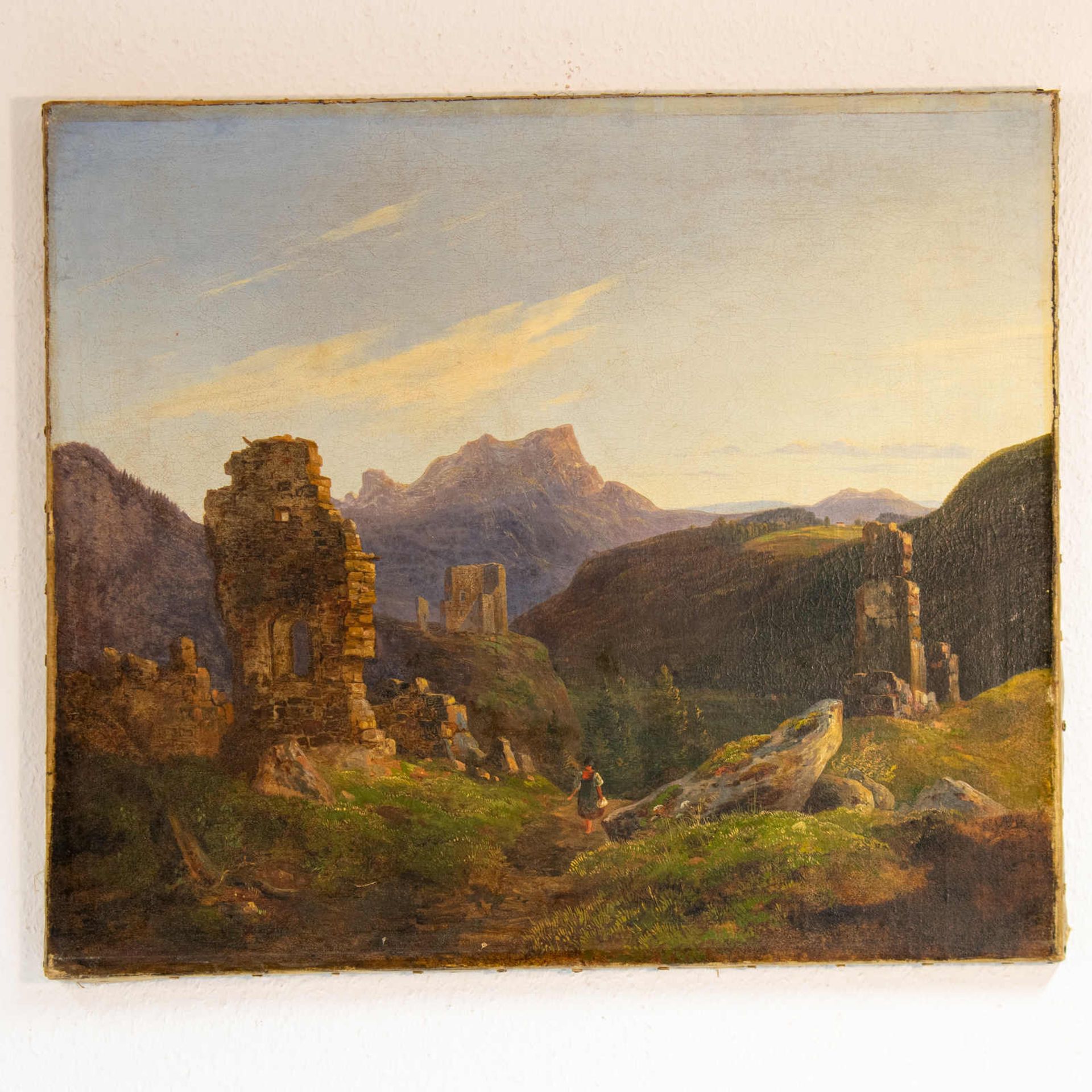 Berglandschaft mit Ruine und Frau. Heinrich Bürkel (29.05.1802 Pirmasens - 10.06.1869 München). Öl - Bild 2 aus 5