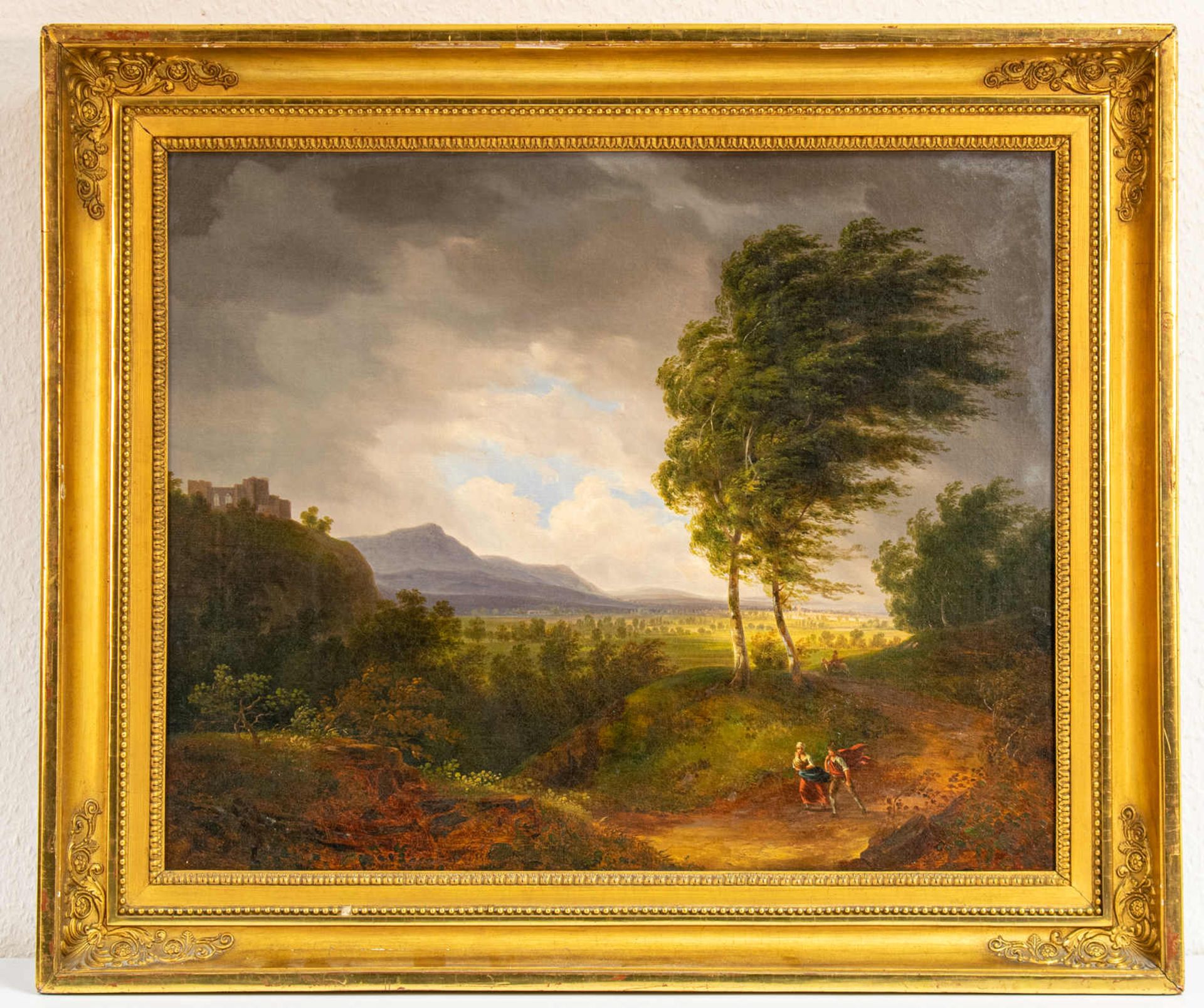 Südliche Landschaft mit Wanderern. Öl auf Leinwand, unten rechts ungedeutet signiert, Datierung um - Image 2 of 4