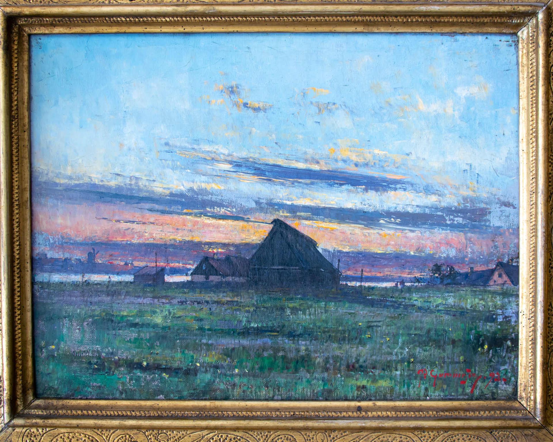 Katen am abendlichen Ufer. Per Gummesson (25.03.1858 - 05.05.1928, Schweden). Öl auf Leinwand, unten