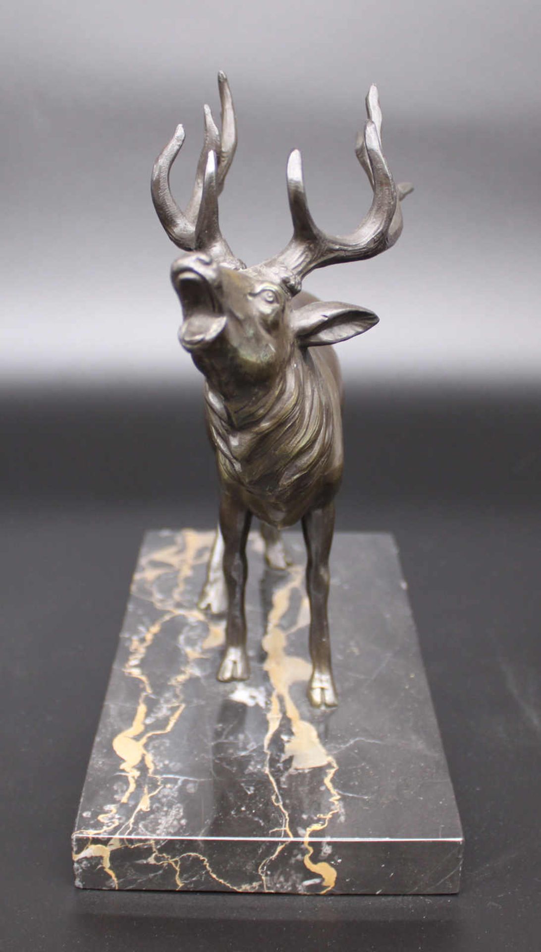 Röhrender Hirsch, Tierfigur. Datierung um 1950, Bronze/Metall brüniert, Marmorsockel. Geringe - Image 3 of 3