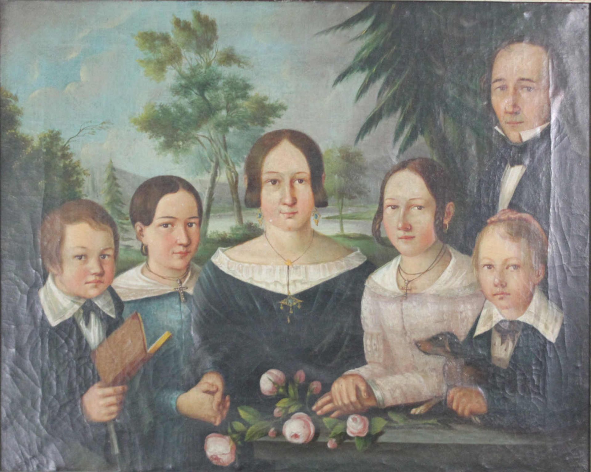 Portrait einer gutbürgerlichen Familie. Anonymist, 19. Jahrhundert. Öl auf Leinwand, guter
