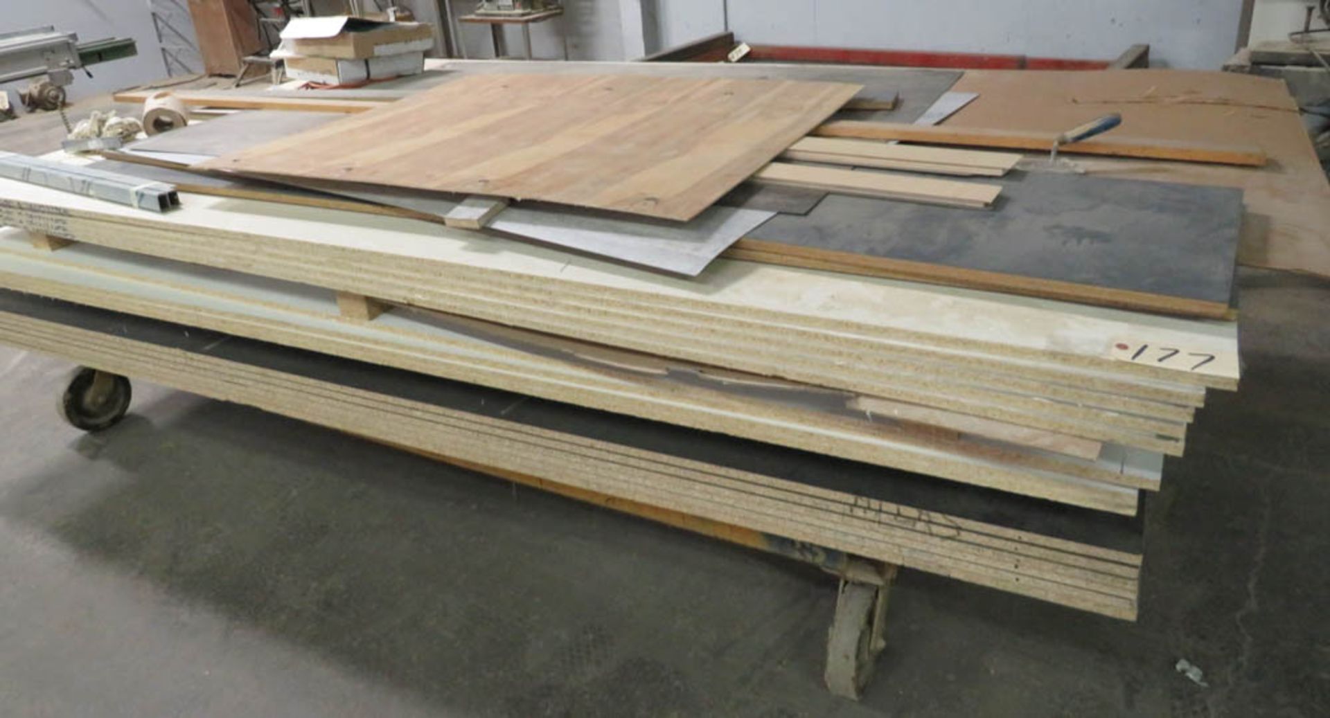 CART WITH 109" X 61" SHEETS OF LAMINATED PRESS BOARD