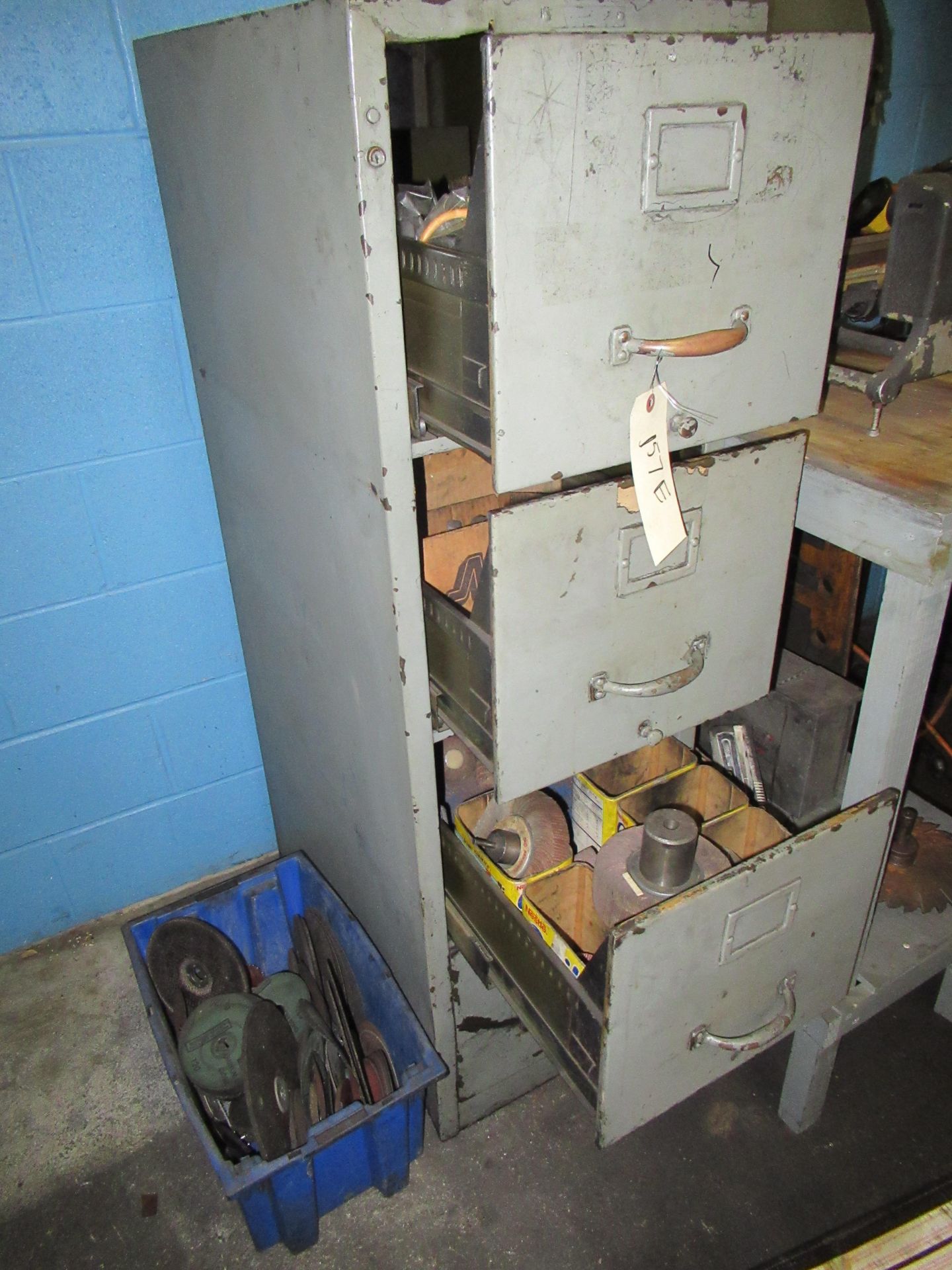 CABINETS OF ASSORTED SANDING WHEELS, GRINDING STONES CUT OFF BLADES, ETC