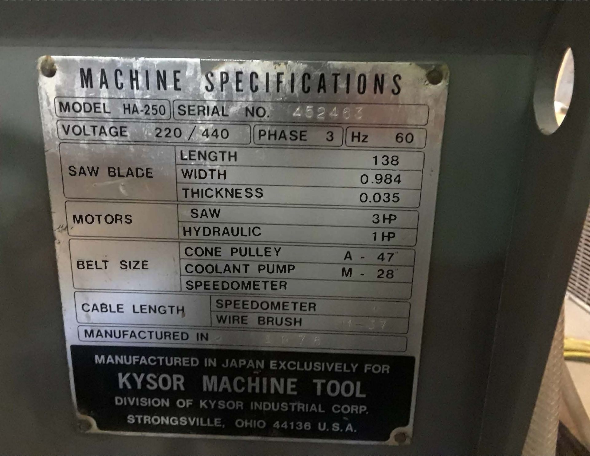 Kysor Johnson Amada Model HA-250 10" Automatic Horizontal Bandsaw - Image 6 of 6