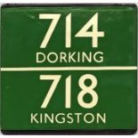 London Transport coach stop enamel E-PLATE for Green Line routes 714 destinated Dorking and 718