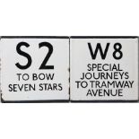 Pair of London Transport bus stop enamel E-PLATES for prefix routes, the first for S2 destinated 'To